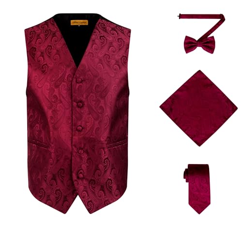 Oliver George Herren 4-teiliges Paisleymuster Weste Smoking Kleid Weste Krawatte Fliege Taschentuch Set für Anzug oder Smoking, Burgunder, Medium von Oliver George
