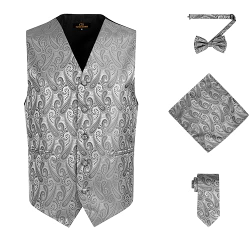 Oliver George Herren 4-teiliges Paisleymuster Weste Smoking Kleid Weste Krawatte Fliege Taschentuch Set für Anzug oder Smoking, GRAU, X-Large von Oliver George