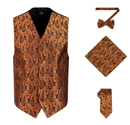 Oliver George Herren 4-teiliges Paisleymuster Weste Smoking Kleid Weste Krawatte Fliege Taschentuch Set für Anzug oder Smoking, Kupfer-/goldfarbn, Small von Oliver George