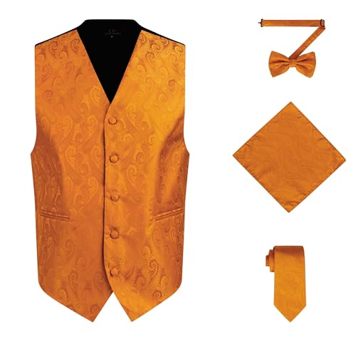Oliver George Herren 4-teiliges Paisleymuster Weste Smoking Kleid Weste Krawatte Fliege Taschentuch Set für Anzug oder Smoking, Orange/Abendrot im Zickzackmuster (Sunset Chevron), Large von Oliver George