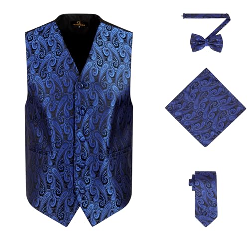 Oliver George Herren 4-teiliges Paisleymuster Weste Smoking Kleid Weste Krawatte Fliege Taschentuch Set für Anzug oder Smoking, Royal/Black, Large von Oliver George