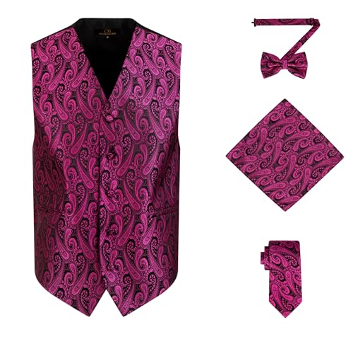 Oliver George Herren 4-teiliges Paisleymuster Weste Smoking Kleid Weste Krawatte Fliege Taschentuch Set für Anzug oder Smoking, fuchsia pink, Large von Oliver George
