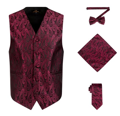 Oliver George Herren 4-teiliges Paisleymuster Weste Smoking Kleid Weste Krawatte Fliege Taschentuch Set für Anzug oder Smoking, Weinrot, Medium Oliver George Herren 4-teiliges Paisleymuster Weste Smoking Kleid Weste Krawatte Fliege Taschentuch Set für Anzug oder Smoking, Weinrot, Medium von Oliver George