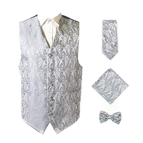 Oliver George Herren 4pc Paisley Design Weste Smoking Kleid Weste Krawatte Fliege Taschentuch Set für Anzug oder Smoking, silber, X-Large von Oliver George