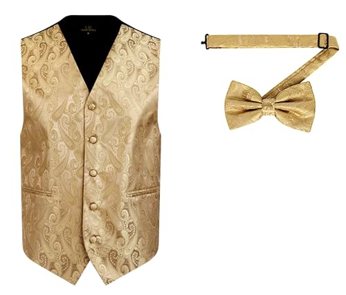 Oliver George Herren Paisley formelle Weste Smoking Kleid Weste Fliege Set für Anzug oder Smoking, Gold, X-Large von Oliver George