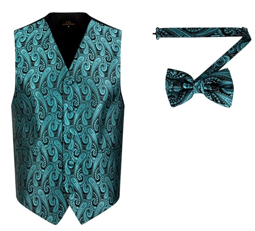 Oliver George Herren Paisley formelle Weste Smoking Kleid Weste Fliege Set für Anzug oder Smoking, petrol, XXX-Large von Oliver George