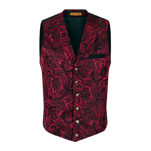 Oliver George Herren Viktorianische Anzugweste Steampunk Gothic Weste Paisley Design Weste, Schwarz/Rot, Medium von Oliver George