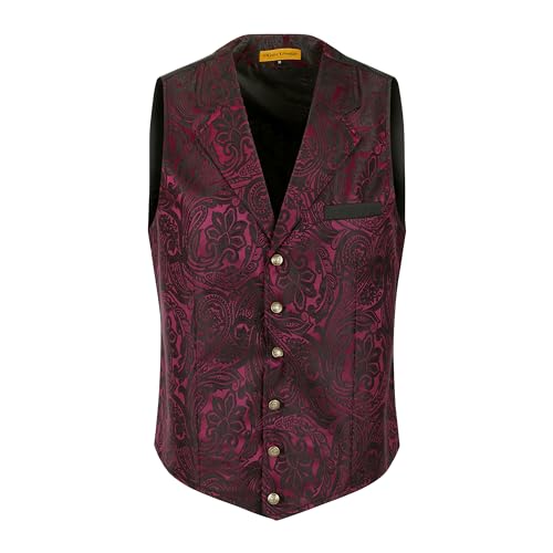 Oliver George Herren Viktorianische Gothic-Steampunk-Weste Paisleymuster formelle Weste Smoking Anzug Kleid Weste für Männer, Weinrot, X-Small von Oliver George
