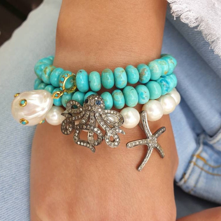 Diamant Oktopus Armband, Charme, Perlenarmband, Seestern Türkis Bracelet Stack, Bettelarmband von OliverRafCollection