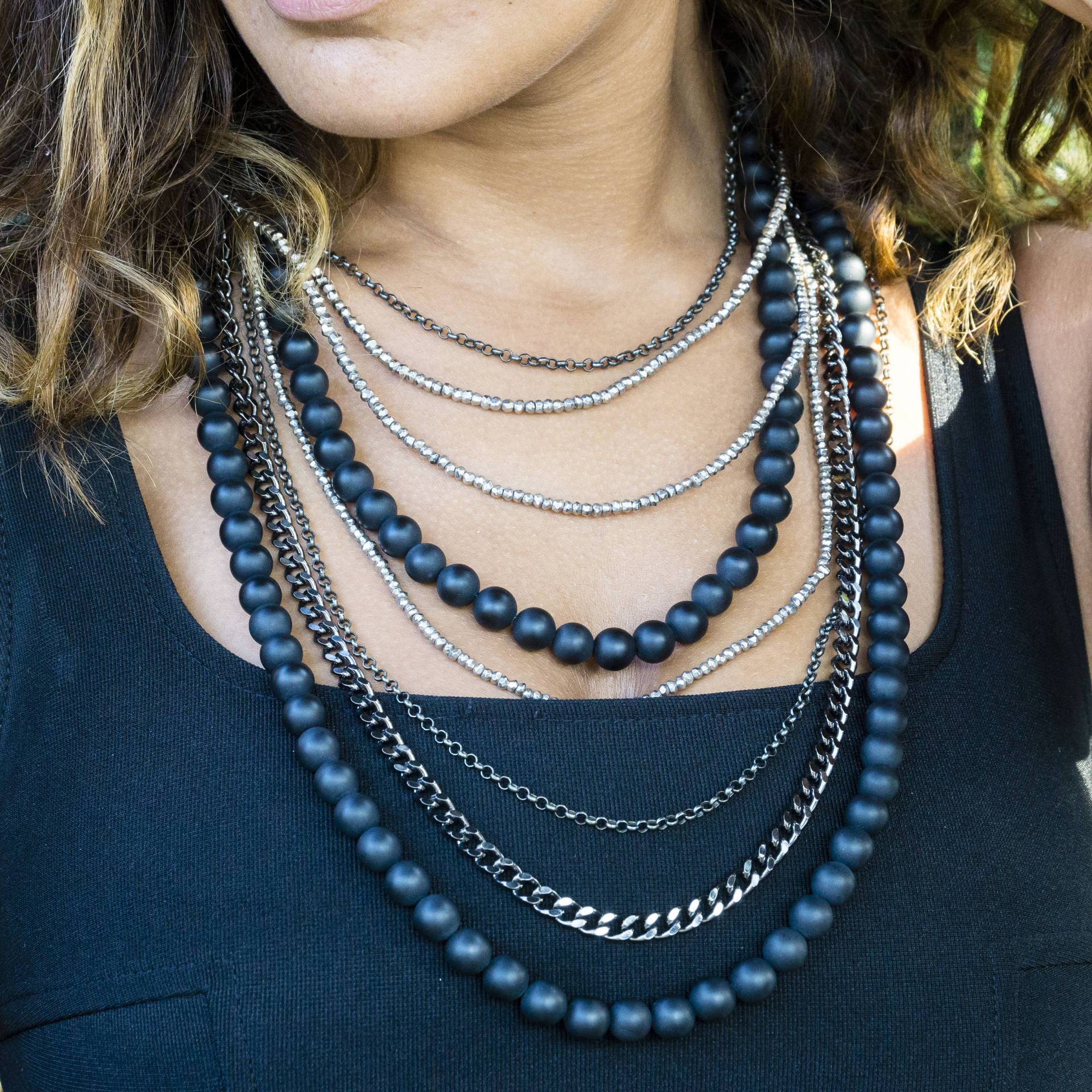 Handknotted Schwarz Achat Halskette - Silber Pyrit Multistrand Edelstein Layering Statement von OliverRafCollection