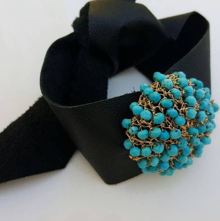 Leder Und Türkis Armband - Draht Häkeln Schwarzes Lederarmband Braun Boho Schmuck Strand von OliverRafCollection