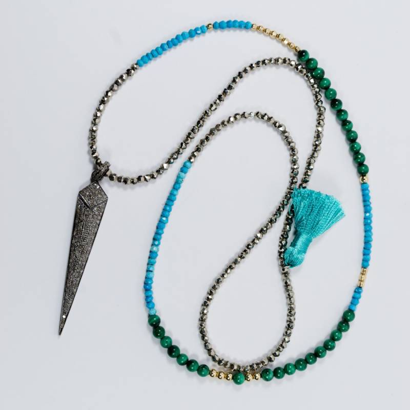 Perlen Türkis, Malachit Und Pyrit Halskette - Pave Diamant Spike Anhänger Diamanten Lange Boho Schmuck Layering von OliverRafCollection