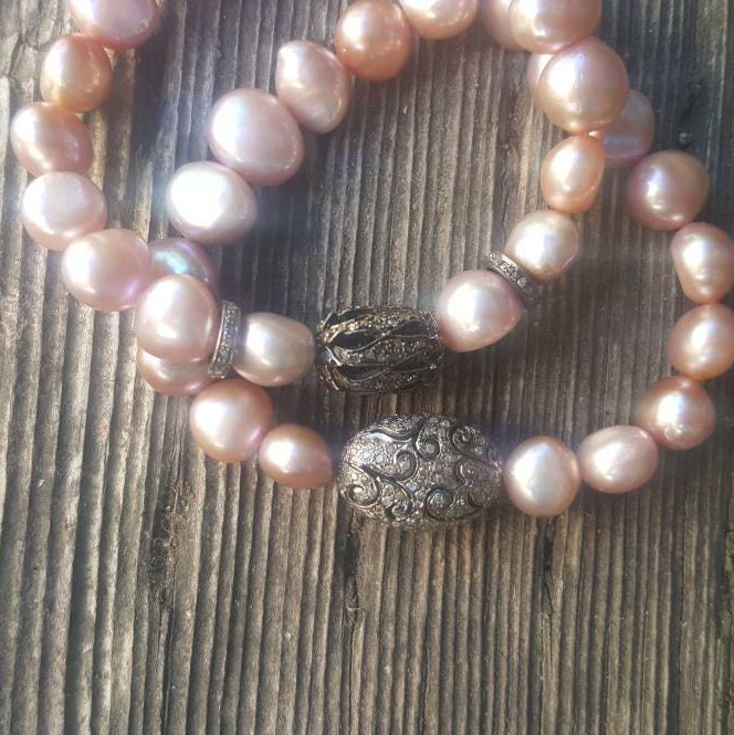 Pflaster Diamanten Und Perlen Armband - Perle Pave Schmuck Süßwasserperlen Diamant-Armband Stapel von OliverRafCollection