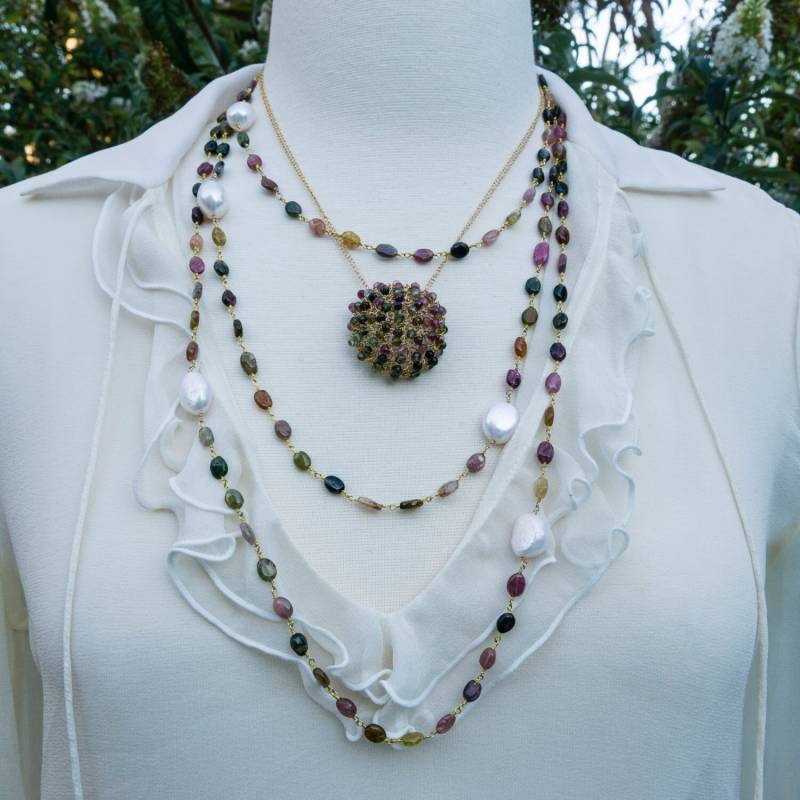 Turmalin Halskette - Weiße Süßwasser Perle Edelstein Boho Lange Schichtung Multistrand von OliverRafCollection