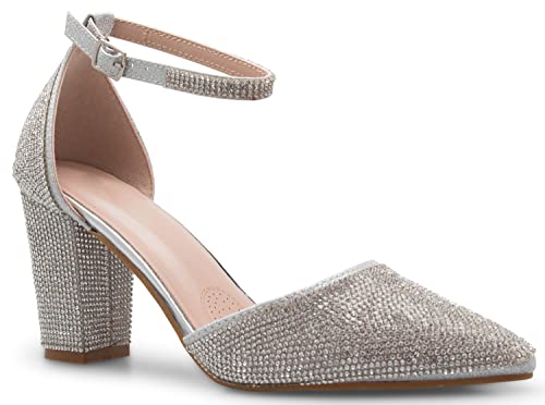 OLIVIA K Damen Riemchen Chunky Blockabsatz High Heel – formelle Hochzeit Party – einfache klassische Pumps, Grau (Zinn / glitzernd), 39 EU von Olivia K
