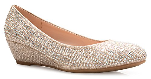 Olivia K Damen Close Round Toe Low Wedge Glitter Strass Comfort Champagner, Champagner, 42 EU von Olivia K