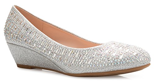 Olivia K Damen Close-Round Toe Low Wedge Glitzer Strass Komfort, Silber (silber), 38 EU von Olivia K