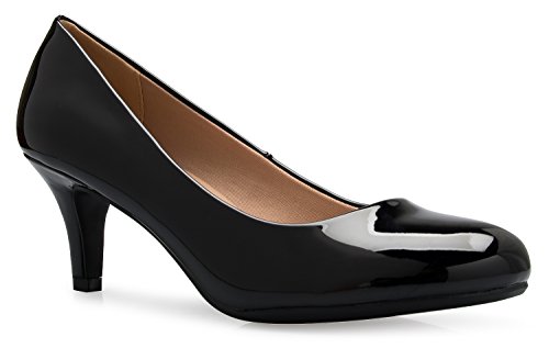 Olivia K Damen Comfort Classic Round Toe Kitten Low Mid Heel Dress Pumps, Schwarz (schwarzer lack), 42 EU von Olivia K