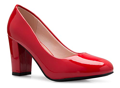 Olivia K Damen Klassische Runde Zehen Plateau Pumps High Blockabsatz Entzückend Bequem, Rot (Rotes Patent*), 40.5 EU von Olivia K