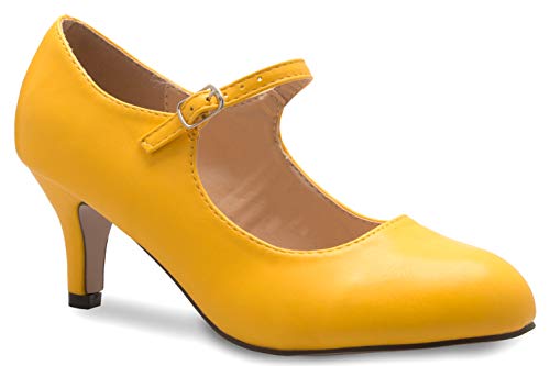 Olivia K Damenschuhe, klassische, niedrige mittlere Absätze Mary Jane Pumps - bezaubernde Runde Spitze Vintage Retro Schuhe, Gelb (Yellow Pu), 39 EU von Olivia K