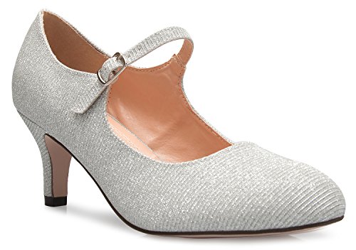 Olivia K Damenschuhe, klassische, niedrige mittlere Absätze Mary Jane Pumps - bezaubernde Runde Spitze Vintage Retro Schuhe, Silber (Silber Glitter), 38.5 EU von Olivia K