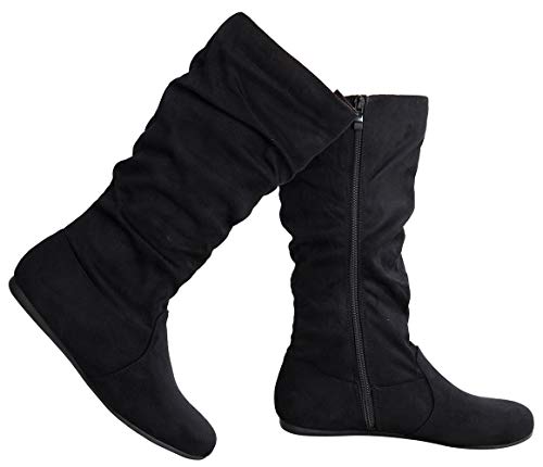 Olivia K Damenstiefel mit niedrigem Absatz, halber Wadenhöhe, lässig, Veloursleder, mit seitlichem Reißverschluss, schwarze Velourslederoptik, 42 EU von Olivia K