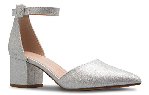 Olivia K Klassische Damen-Pumps mit Knöchelriemen, Kätzchen-Absatz, Bezaubernder niedriger Blockabsatz, Silber, 40.5 EU von Olivia K