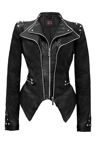 Olivia Miller Damen Klassische Kunstlederjacke Nieten Revers Schwalbenschwanz Bikerjacke, Jk44169-schwarz, M von Olivia Miller