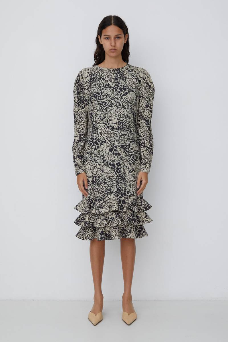 Vintage Louis Feraud Seidenkleid Mit Skizziertem Leopardenmuster Gemustert Und Abgestuftem Absteppstich Volant Rüschensaum Abgeschlossen von OliviaLilaLahood