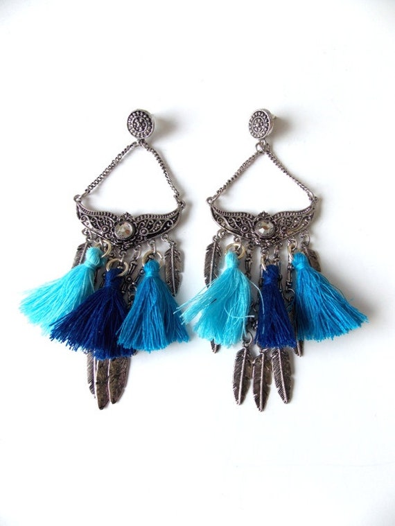 Silberne Feder Und Quaste Boho Festival Tropfen Ohrringe Silberne Feder Und Quaste Boho Festival Tropfen Ohrringe von Oliviadivine