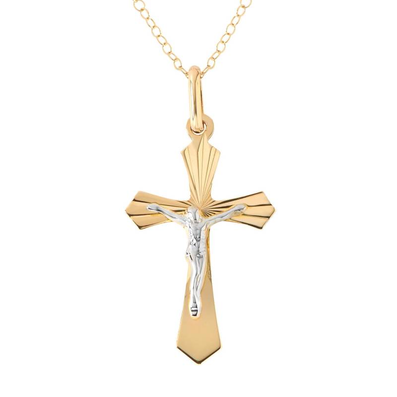 14K Zweifarbiges Kruzifix Anhänger Halskette Massivgold Kreuz, 16 "Kette von OliviasCollectionInc