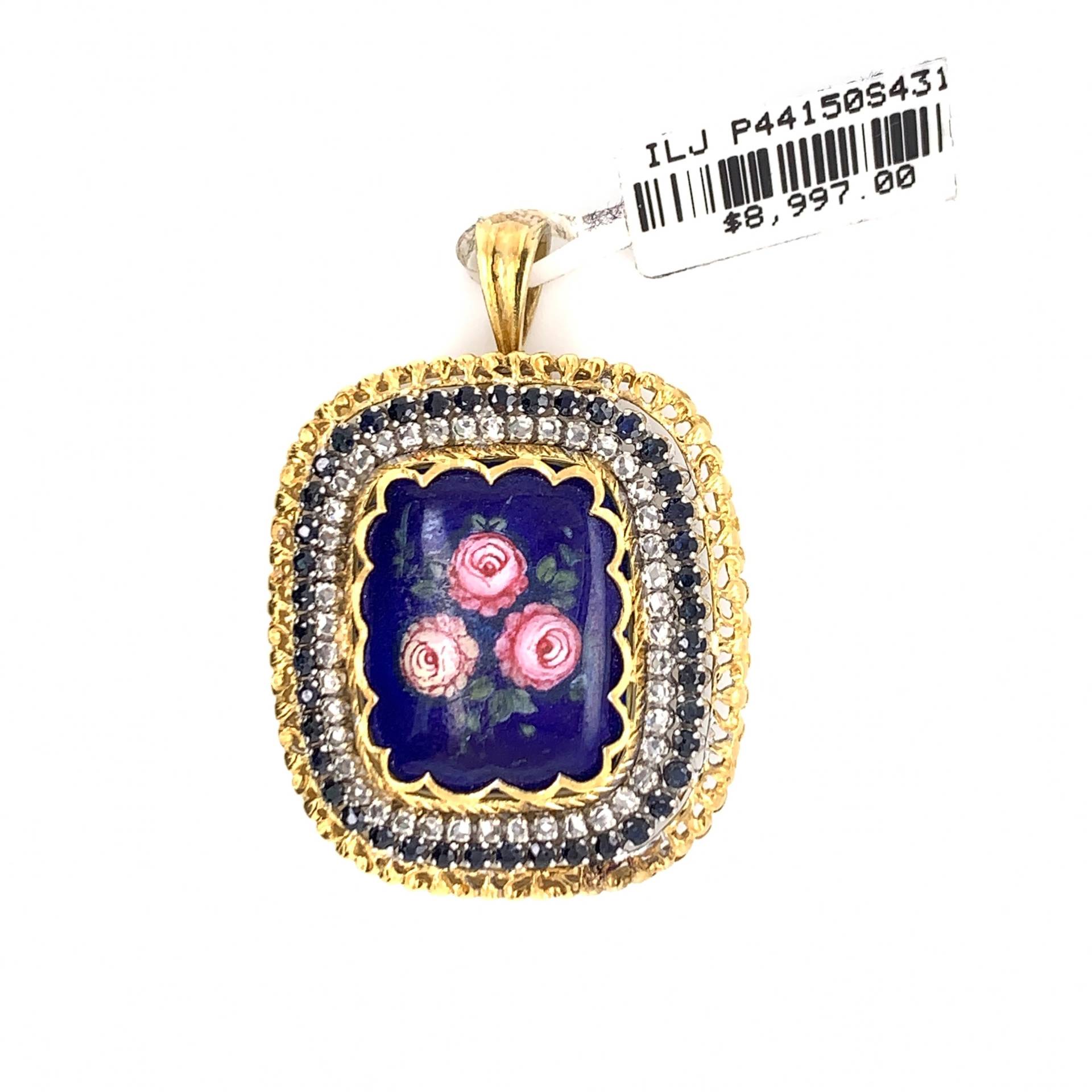 Vintage 18K Zweifarbiges Gold Floral Emaille Anhänger Brosche Diamant & Saphir von OliviasCollectionInc