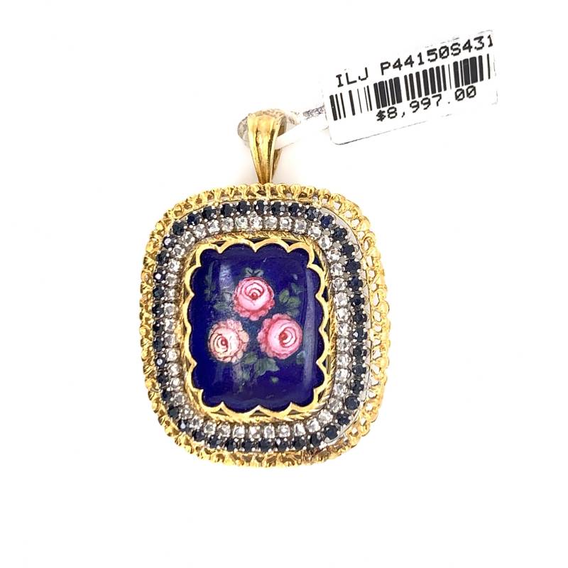 Vintage 18K Zweifarbiges Gold Floral Emaille Anhänger Brosche Diamant & Saphir von OliviasCollectionInc