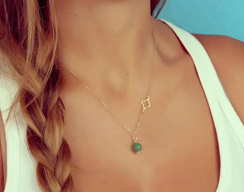 14K Gold Klee Aventurin Halskette | Glücksbringer, Brautjungfer Geschenk von OlizzJewelry