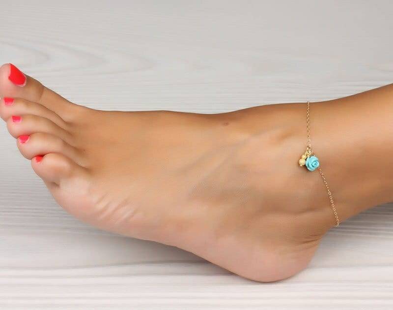 Türkis Rose Fußkettchen, 14K Gold Perlen Fußkettchen von OlizzJewelry