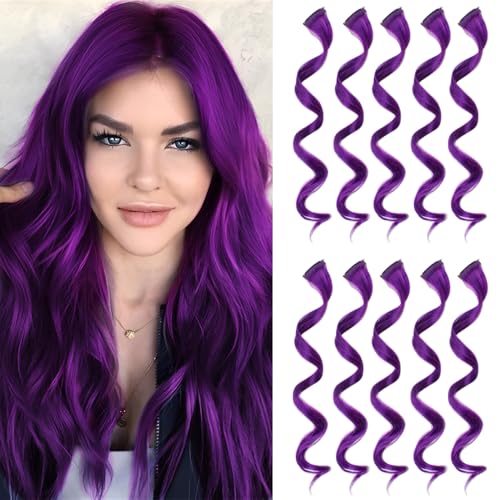 Olldag 10 Stück Lila HaarverläNgerungen, Gelockt Gewellt Synthetische Haarteile Clip In Regenbogen Neon Party Highlights, Bunte Haare ZubehöR füR Kinder MäDchen Frauen 17 Zoll (Dunkel Lila) von Olldag