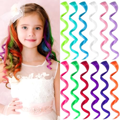 Olldag 12 Stück Farbige HaarverläNgerungen FüR Kinder, Lockige Gewellte Synthetische Haarteile Clip In Regenbogen Neon Party Highlights, Bunte Haar-Accessoires für MäDchen Frauen 17 Zoll (Mehrfarbige) von Olldag