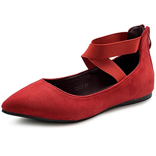 Ollio Damen F167 Ballerinas aus Wildlederimitat, elastischer Knöchelriemen, spitzer Zehenbereich, Ballerinas, rot, 40.5 EU von Ollio