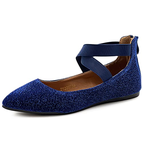 Ollio Damen Glitzer Elastischer Knöchelriemen Spitze Zehen Ballerinas F189, blau, 39 EU von Ollio