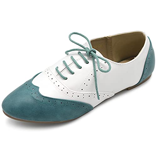 Ollio Damen Schuh Classic Schnürkleid Low Flat Heel Oxford, Blaugrün-Weiß, 40 EU von Ollio