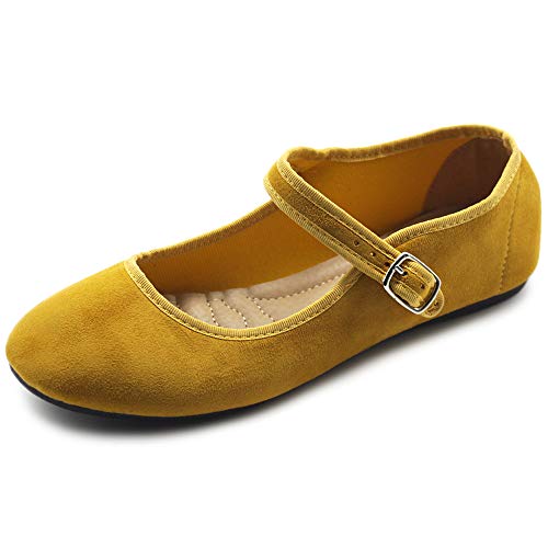 Ollio Damen Schuhe Faux Wildleder Casual Mary Jane Leichte Ballerinas, Gelb (Mustard-su), 40 EU von Ollio