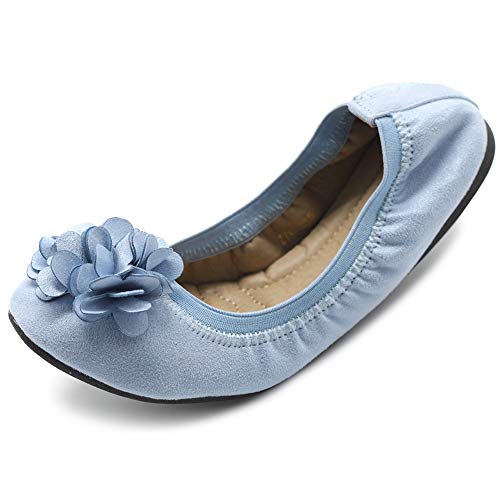 Ollio Damen Schuhe Faux Wildleder Dekorative Blume Slip On Comfort Leicht Ballett Flach, Blau (Graublau.), 39 EU von Ollio