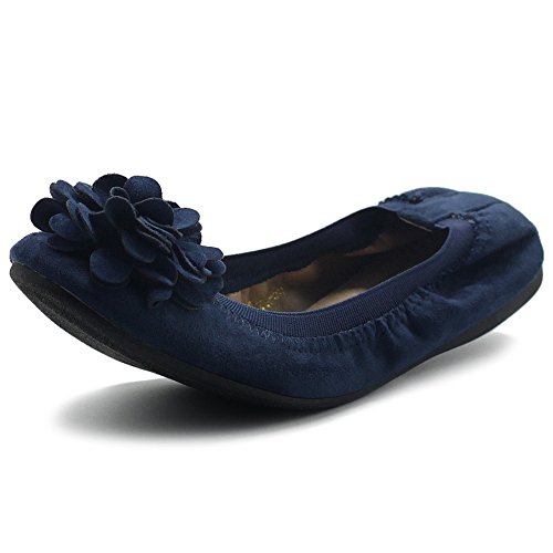 Ollio Damen Schuhe Faux Wildleder Dekorative Blume Slip On Komfort Leicht Ballett Flach, Marineblau, 38 EU von Ollio