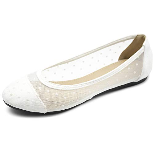 Ollio Damen Schuhe Punkte oder Blumen Spitze Atmungsaktiv Runde Zehen Ballerinas Flats F123-124, Weiß (Dt-Cream), 39 EU von Ollio