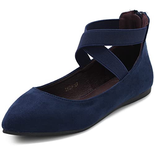 Ollio F167 Damen-Ballerinas aus Velourslederimitat, elastischer Knöchelriemen, spitzer Zehenbereich, navy, 38.5 EU von Ollio