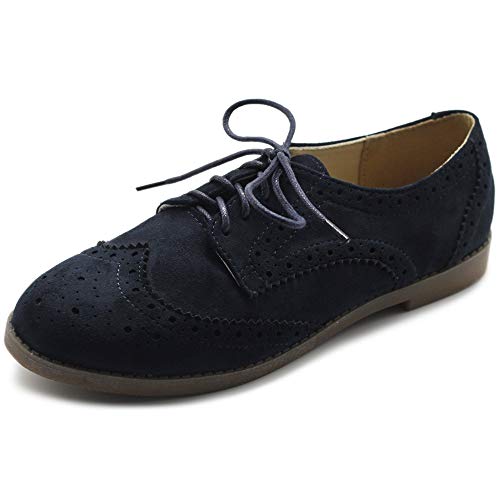 Ollio Flache Damenschuh, Wingtip, Schnürschuh, Nubukleder, Oxford, Blau (navy), 38 EU von Ollio