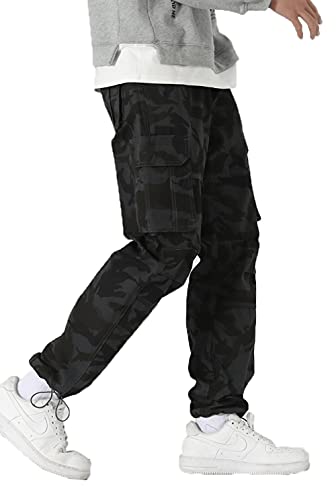 Olmecs Herren Elastische Baumwolle Übergröße Gerade Cargohose mit Taschen Frühling/Herbst Camouflage Schwarz 3XL von Olmecs