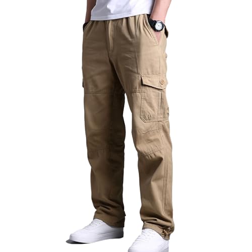 OlmecsHKEU Cargohose Herren aus Baumwolle Cargo Hose mit 7 Taschen Elastische Taille Freizeithose Khaki 3XL von OlmecsHKEU