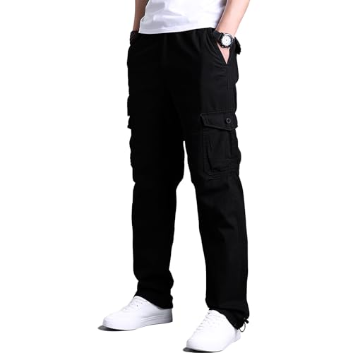 OlmecsHKEU Cargohose Herren aus Baumwolle Cargo Hose mit 7 Taschen Elastische Taille Freizeithose Schwarz XL von OlmecsHKEU