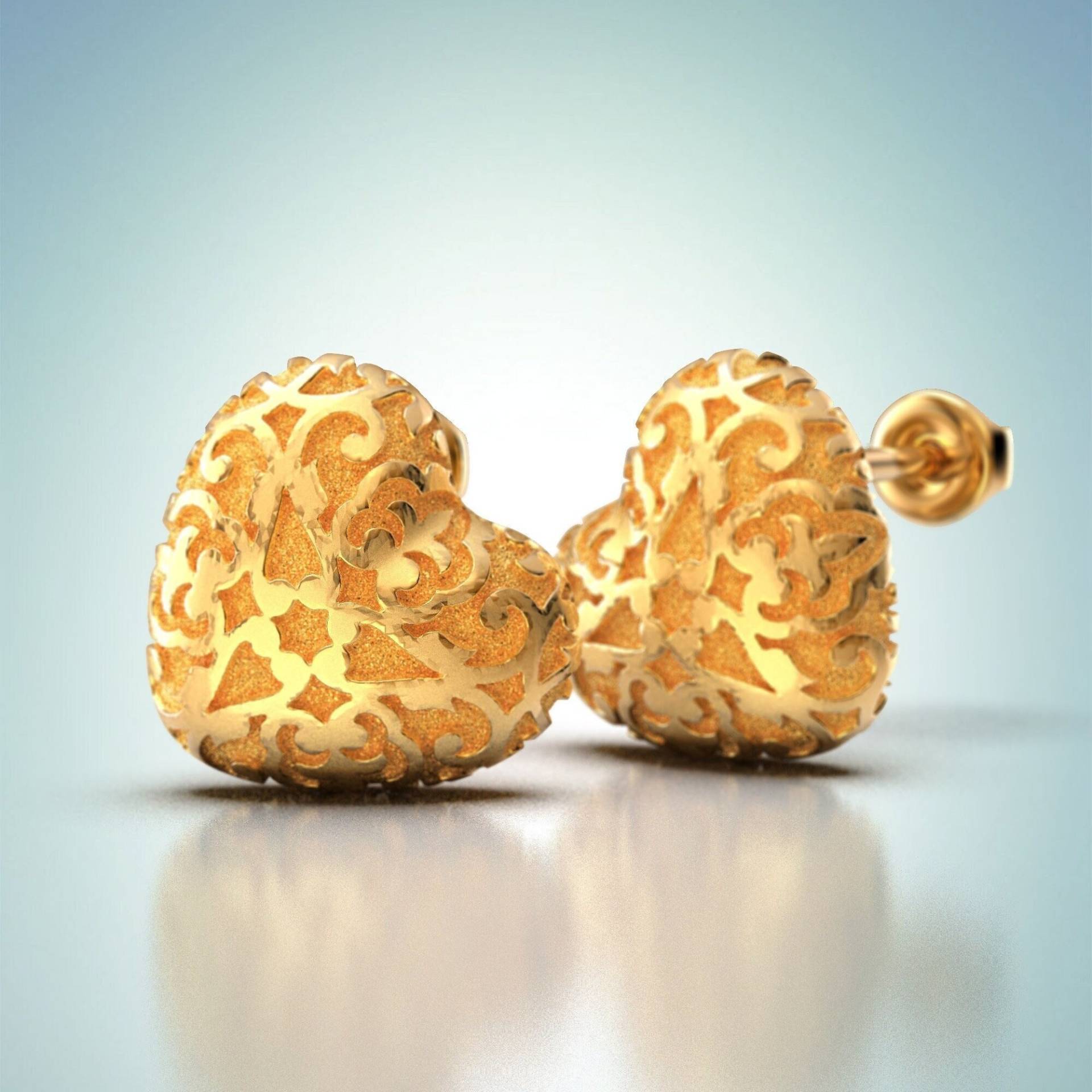 Gold Herz Ohrstecker Hergestellt in Italien, 14K Oder 18K Ohrstecker. Damaskierte Ohrringe Herzform, Zierliche Goldene Herzohrringe von OltremareGioielli